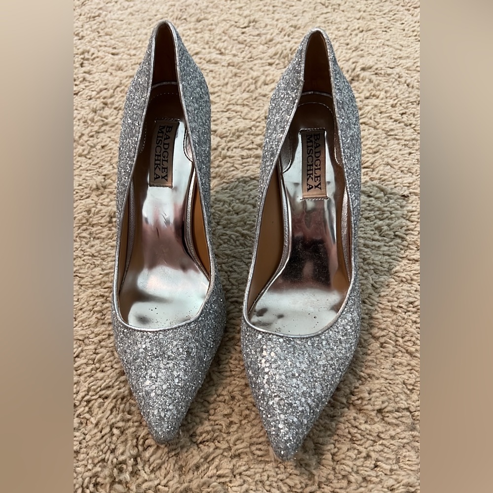 Badgley Mischka Silver Sequin Pumps, 4” heel